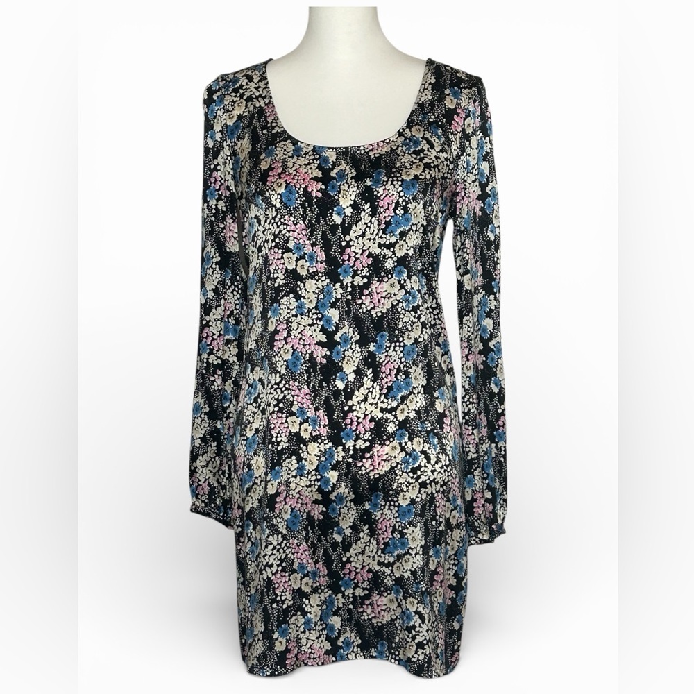 Vintage Express SILK Floral Long Sleeve Shift Mini Dress EUC SzS Whimsigoth Y2K